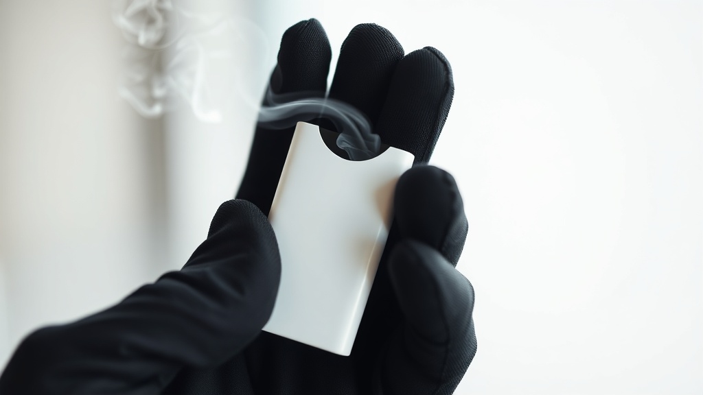 A close-up of a sleek, white nicotine pouch held between gloved fingers, with a faint mist of vapor swirling around it, set against a clean, modern backdrop that hints at a smoke-free future. The image radiates calm, clarity, and the promise of quitting smoking.