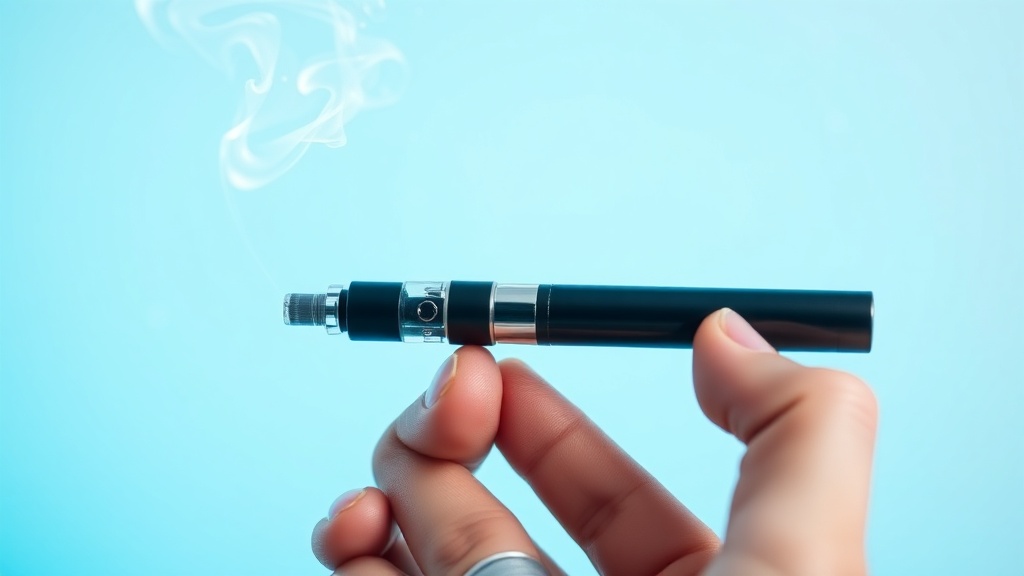 A vibrant, close‑up shot of a sleek disposable vape pen held by a confident hand, emitting a swirling, translucent vapor cloud that forms subtle, safe shapes like a gentle wave or a small heart, with a soft blue and teal gradient background and subtle sparkles to evoke a modern, tech‑savvy vibe.